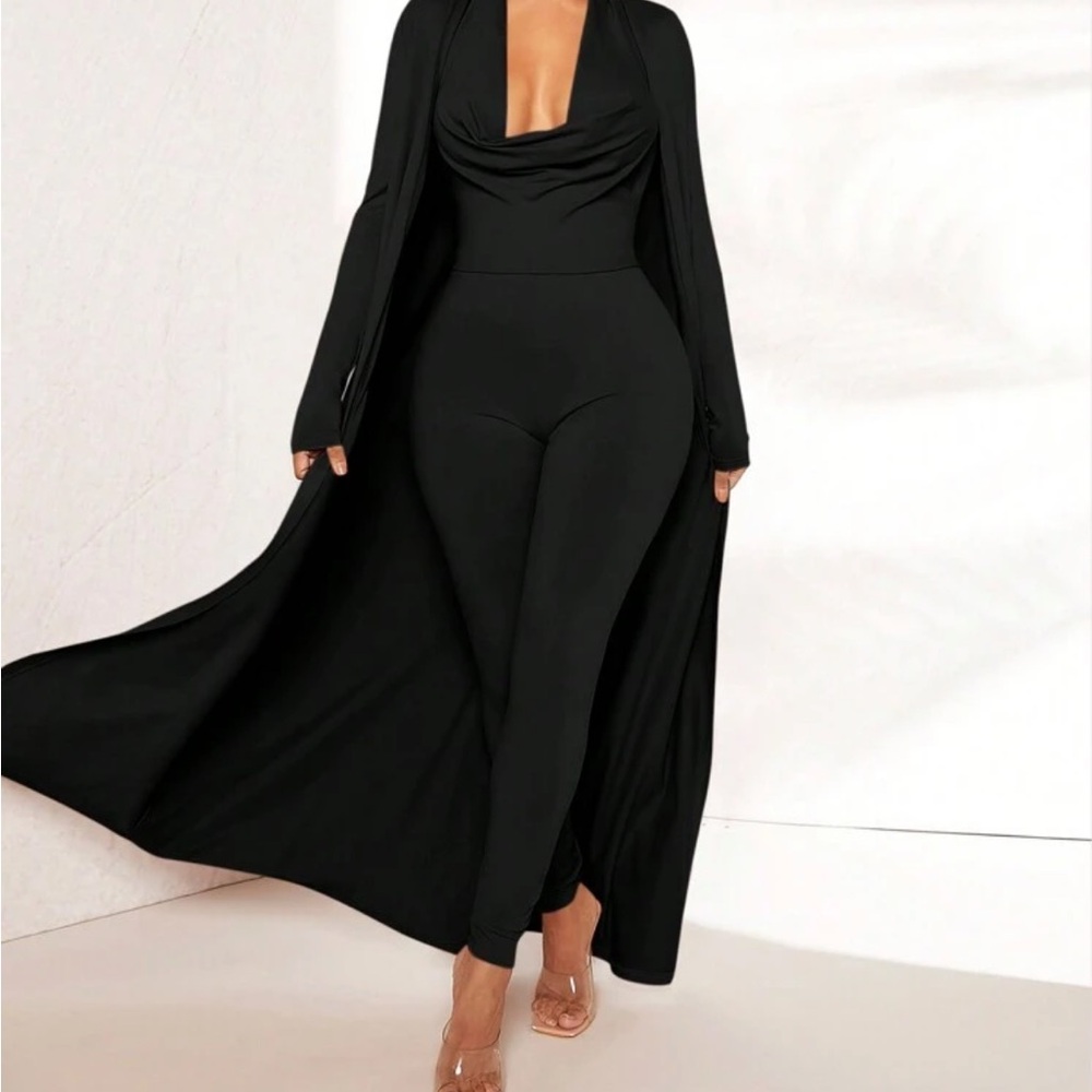 Elegant Black Jumpsuit with Cardigan Cape